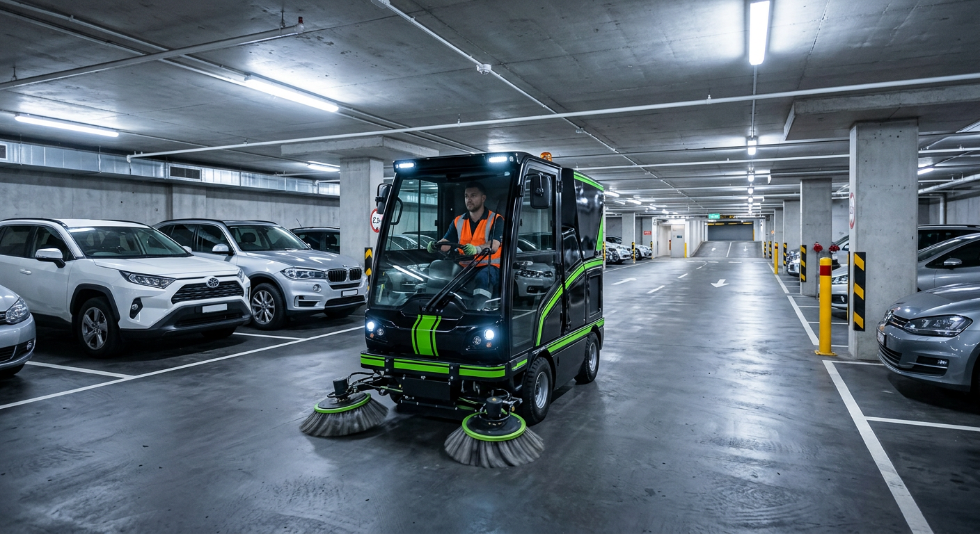Black and green compact sweeper cleaning a low-clearance underground car park