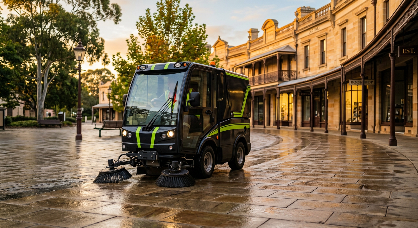 Compact sweeper cleaning a Sydney town centre plaza at dawn